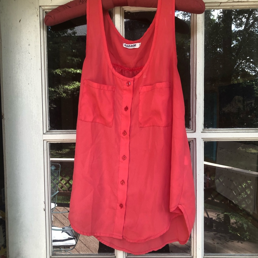 Red-orange Garage button-down tank top w/ pockets